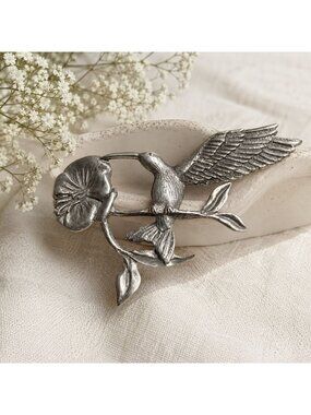 Vintage Spoontiques Brooch Pewter Hummingbird Flower Signed Wildlife Jewelry